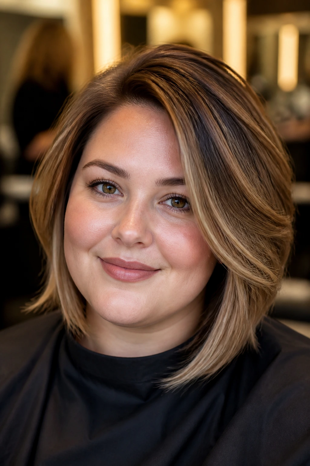 Close-up portrait of a real person with round face showing crown volume and jawline taper to illustrate geometric framing