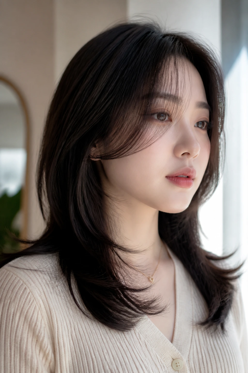 Close-up portrait of a real woman with a geometry-focused curved layered cut and yeop-meori side hair framing a round face