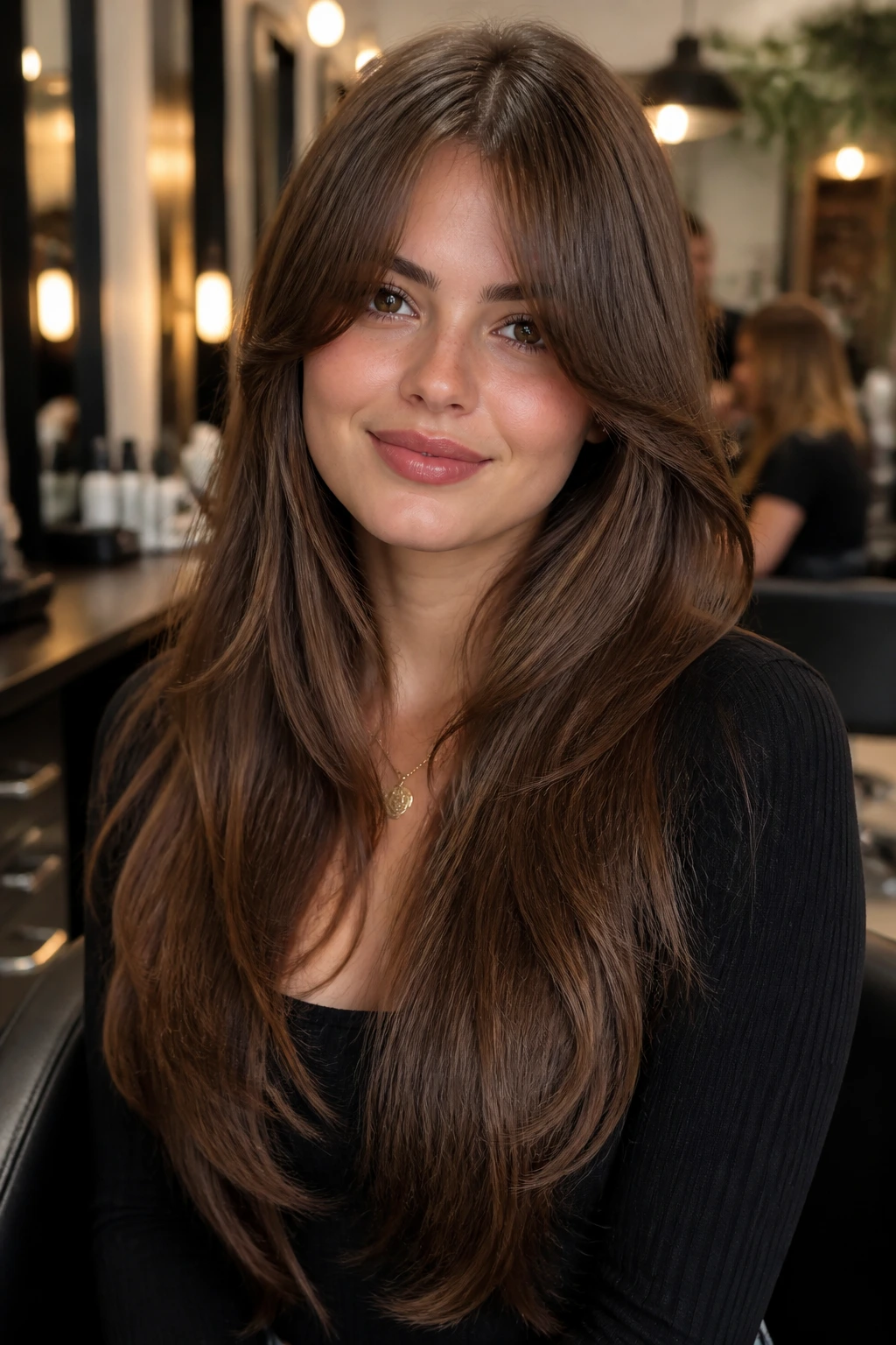 Salon portrait illustrating round-face proportion rules with center split bangs