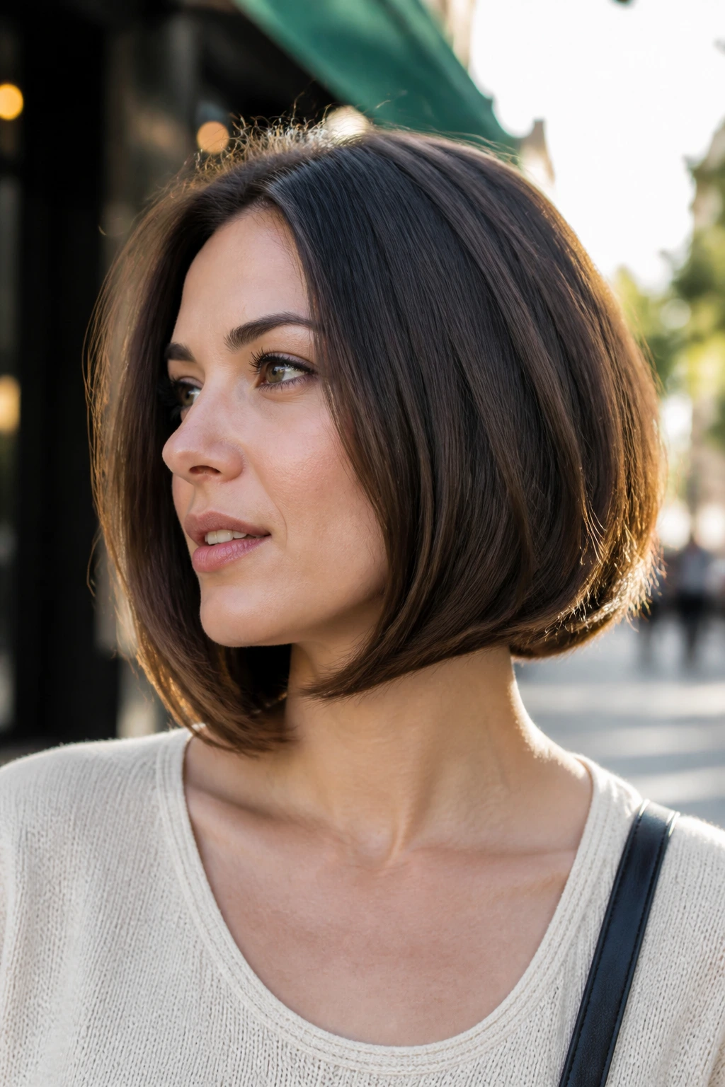 Close-up of a real woman with rounded A-Line bob showing longer front and shorter back