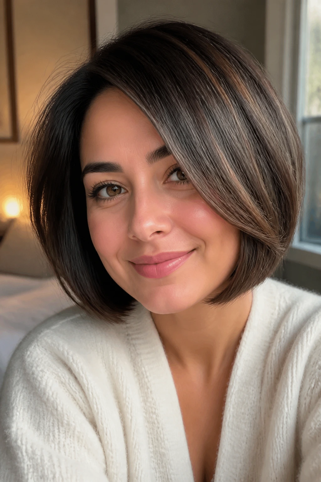 Close-up portrait of a real woman with a rounded soft A-line bob