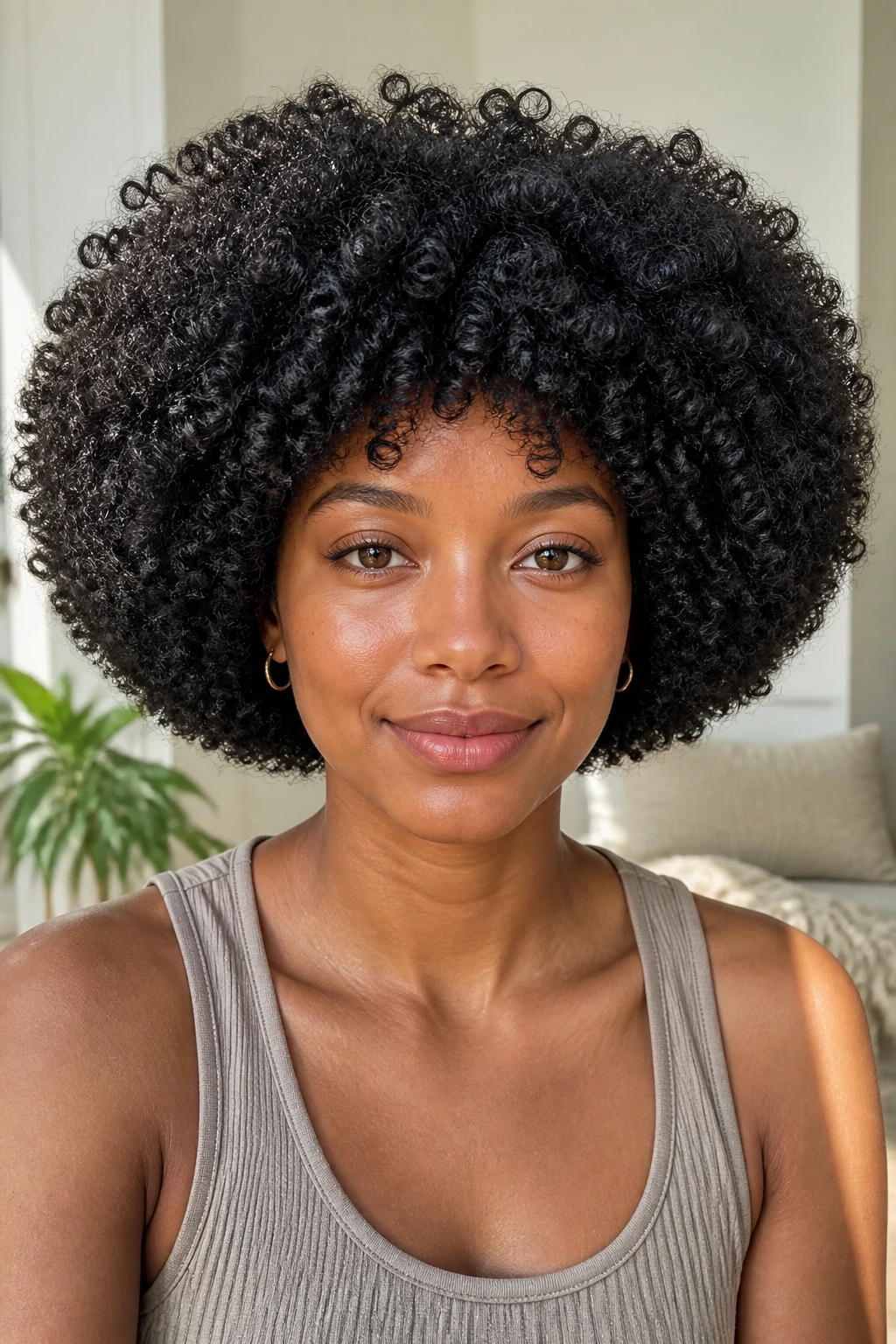Close-up of a real person with a rounded afro bob and halo volume.