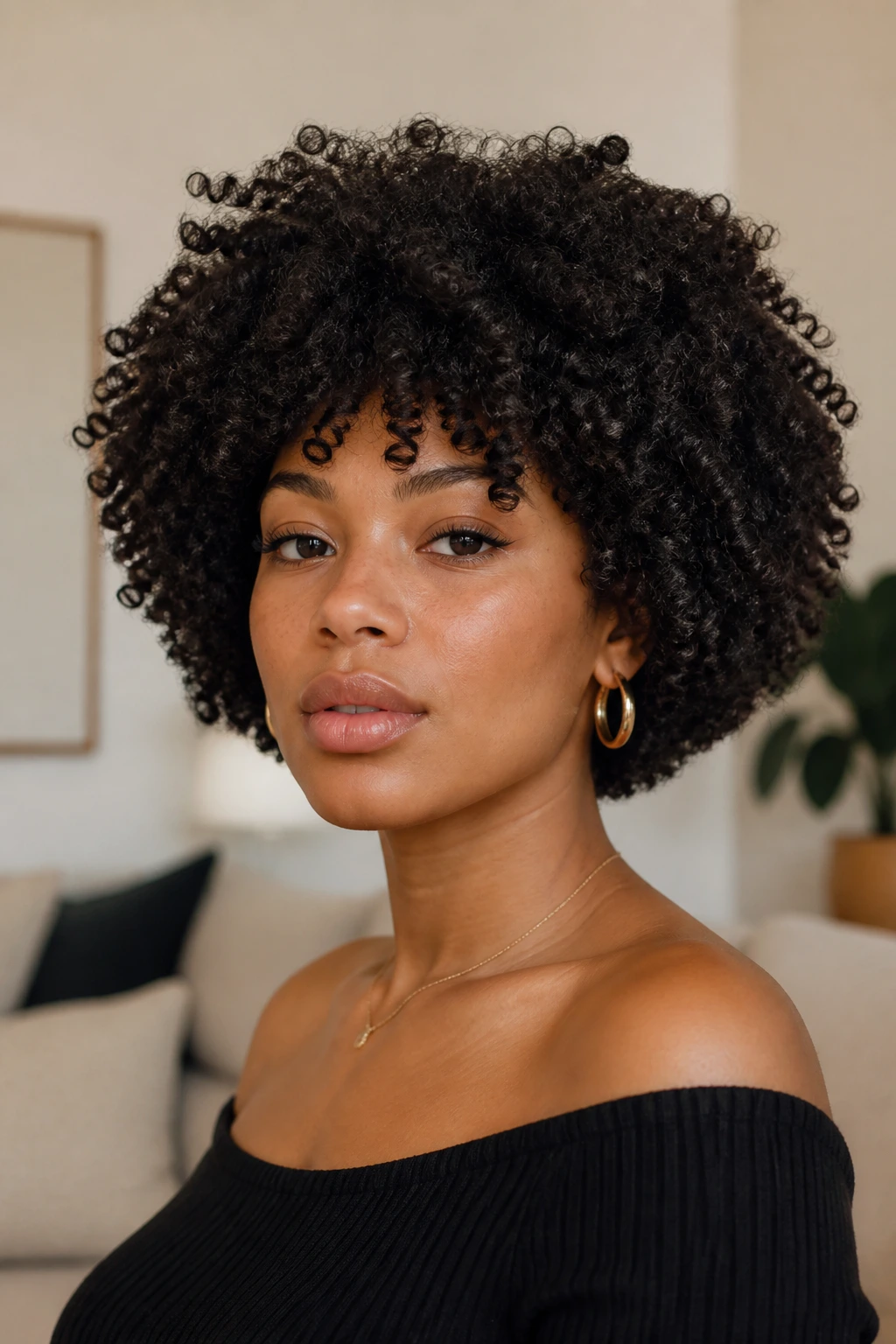 Close-up of a real person with a rounded Afro Bob.