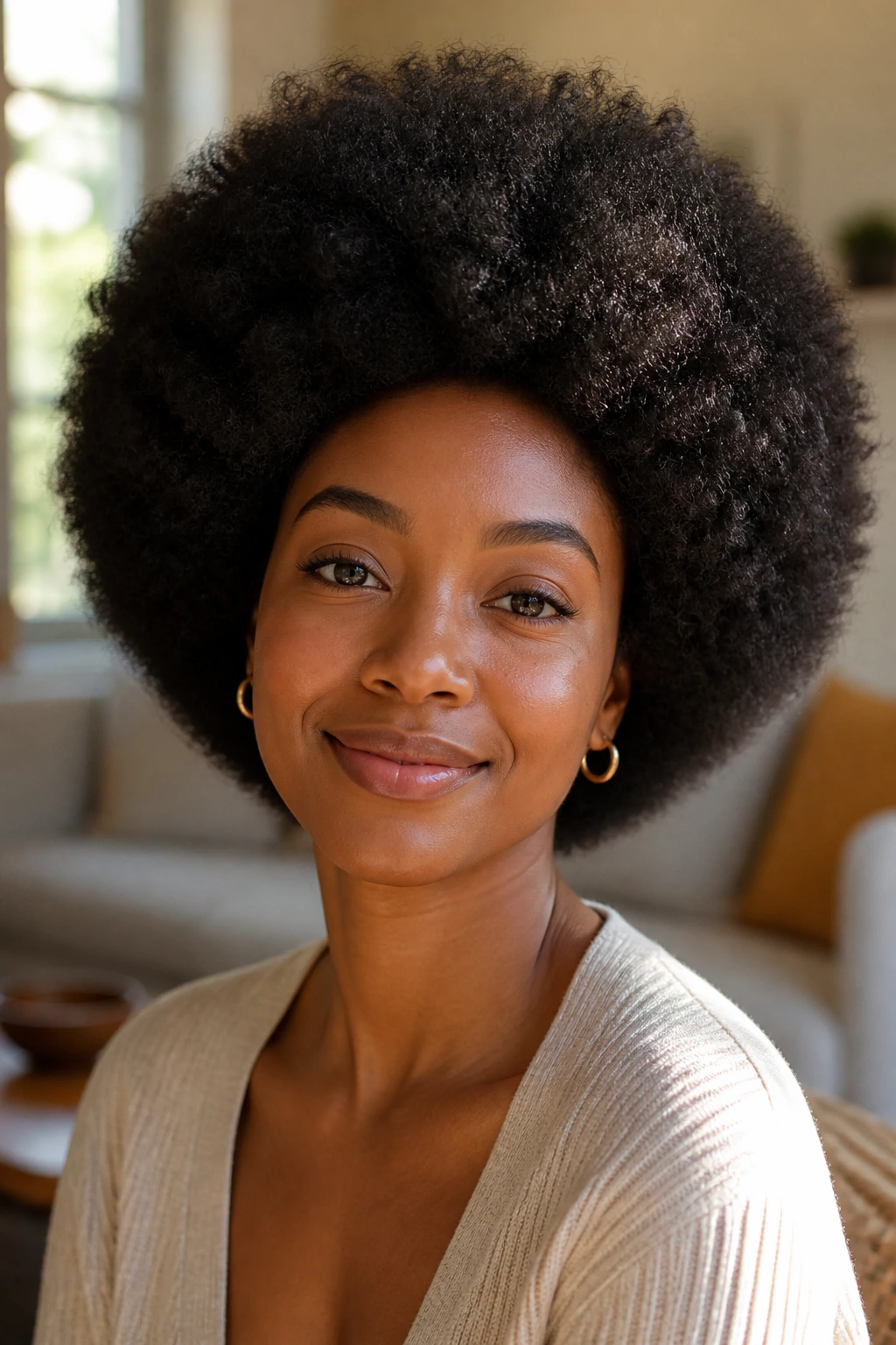Close-up of a real Black woman with a perfectly rounded Afro under natural window light