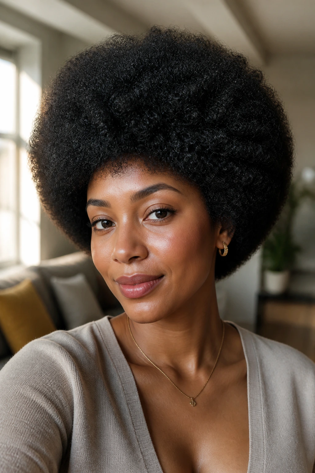 Close-up of a woman with a classic rounded afro in warm window light.