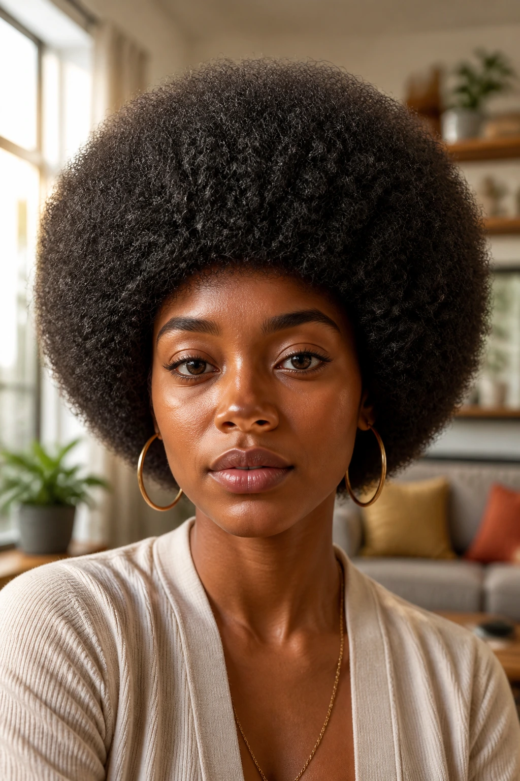 Close-up portrait of a person with a perfectly rounded Afro under warm window light.