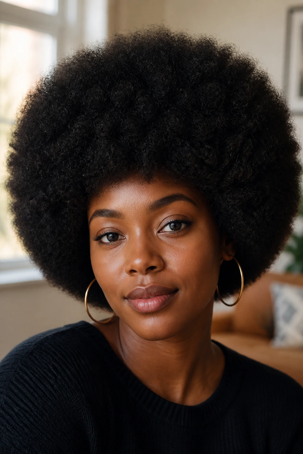 Close-up portrait of a real woman with a perfectly rounded Afro hairstyle filling the frame