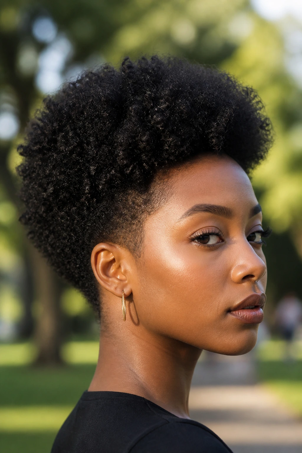 Close-up of a person with a rounded Afro and tapered neck outdoors
