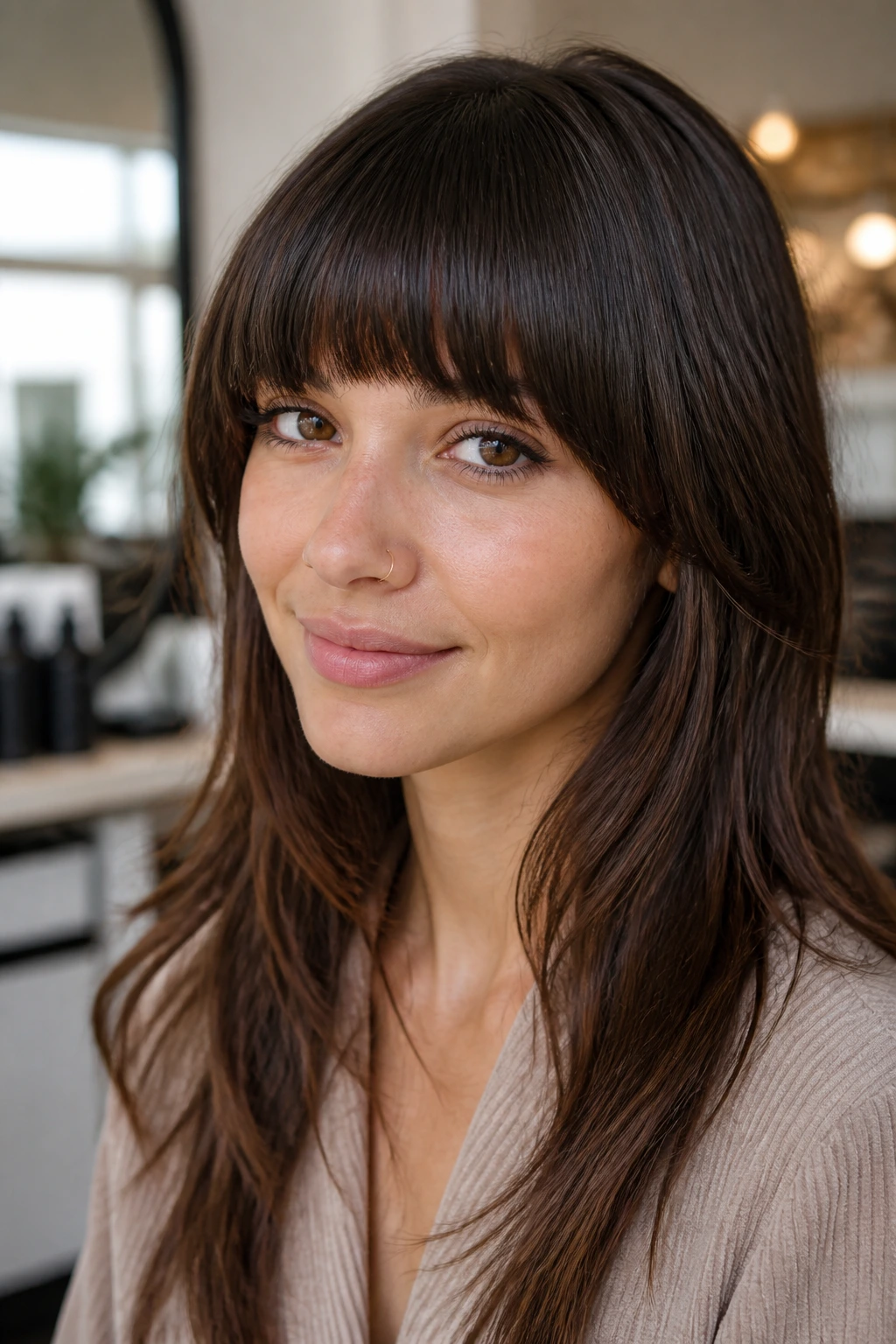 Close-up of a real person with a curved straight fringe arching along the brow bone