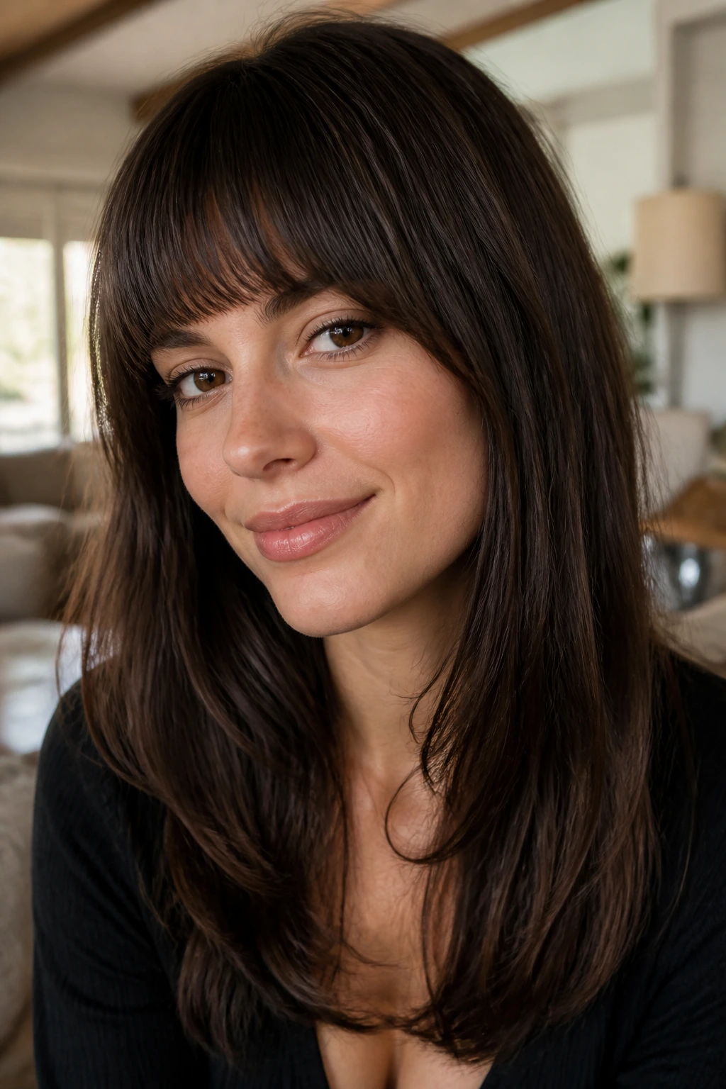 Close-up portrait of a real woman with rounded curved straight bangs framing the eyes