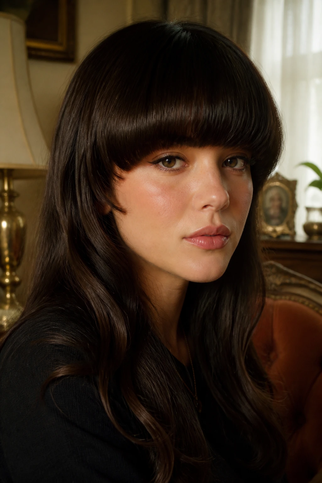 Real woman with rounded retro heavy bangs under warm daylight.