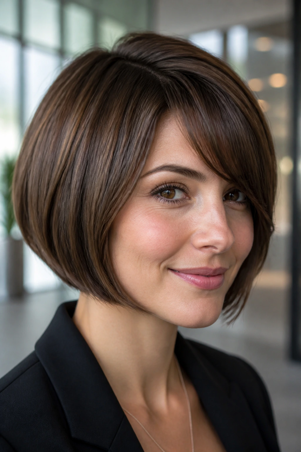 Portrait of woman with rounded bob and side-swept bangs in an office setting.