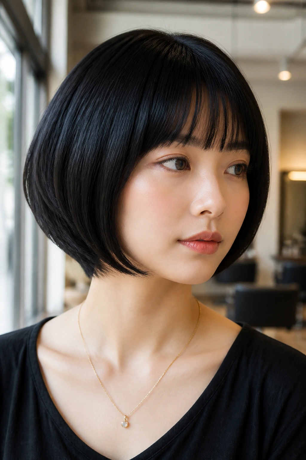 Close-up portrait of a person with rounded bob and blunt bangs in jet-black hair