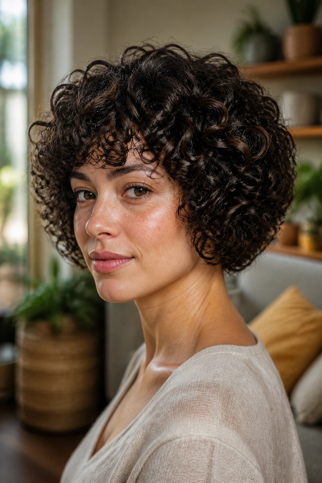 Close-up of a real woman with a thick curly rounded bob.