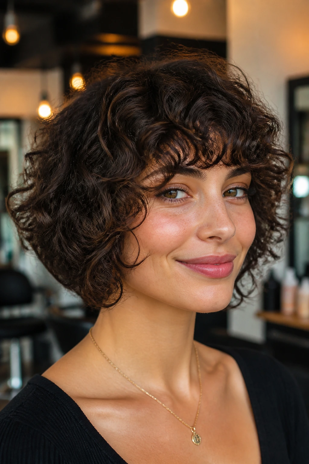 Close-up of a real woman with a rounded graduated curly bob and brow-skimming bangs in a chic salon