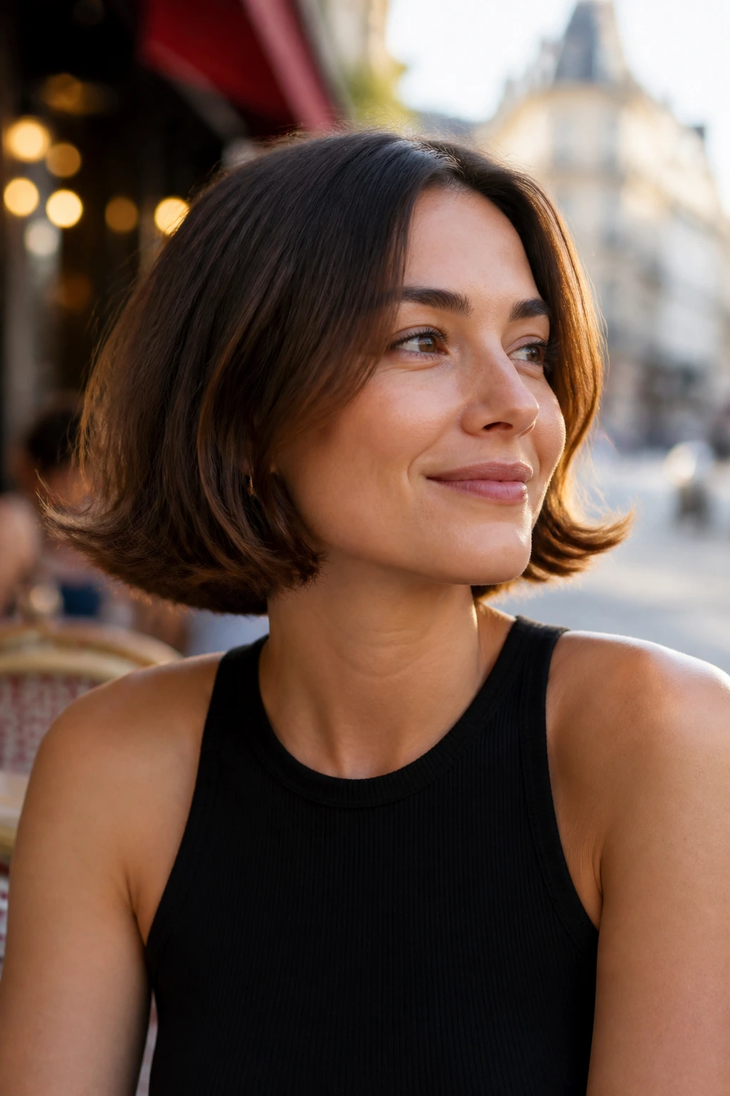 Portrait of a woman with a rounded bob and flipped-out ends at golden hour outdoors