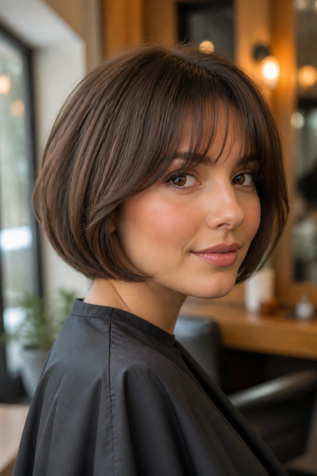 Close-up portrait of a real woman with a rounded bob and soft feathered bangs.