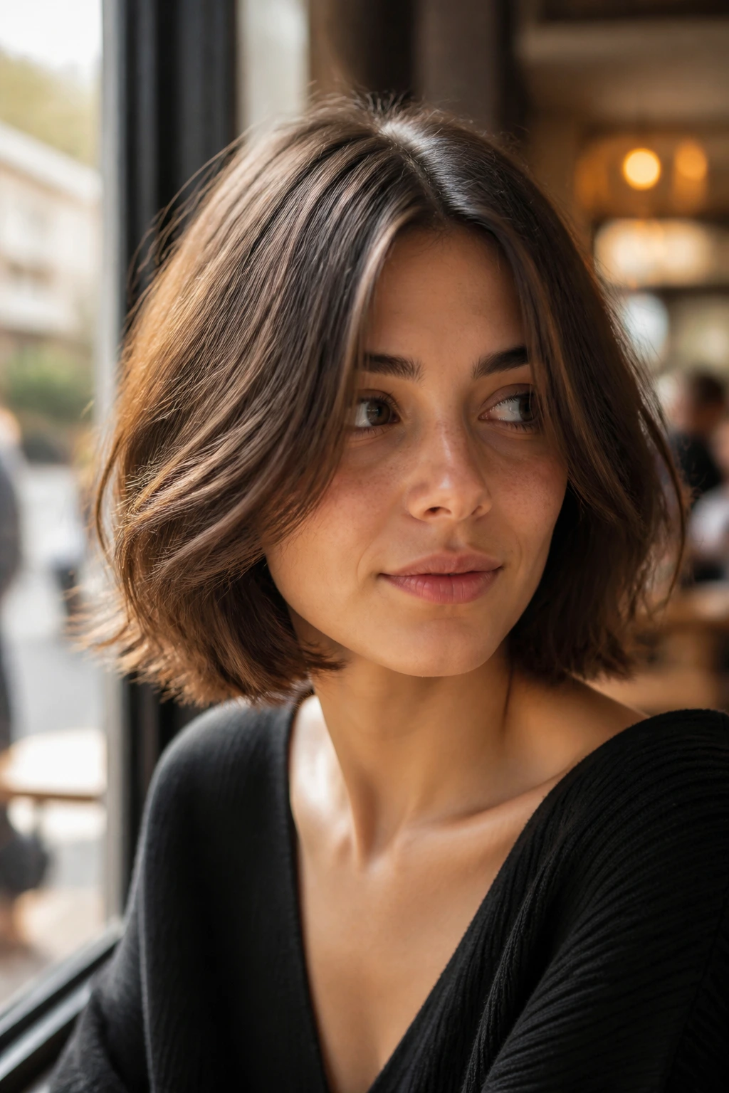 Close-up portrait of a real woman with rounded French Girl bob and middle part