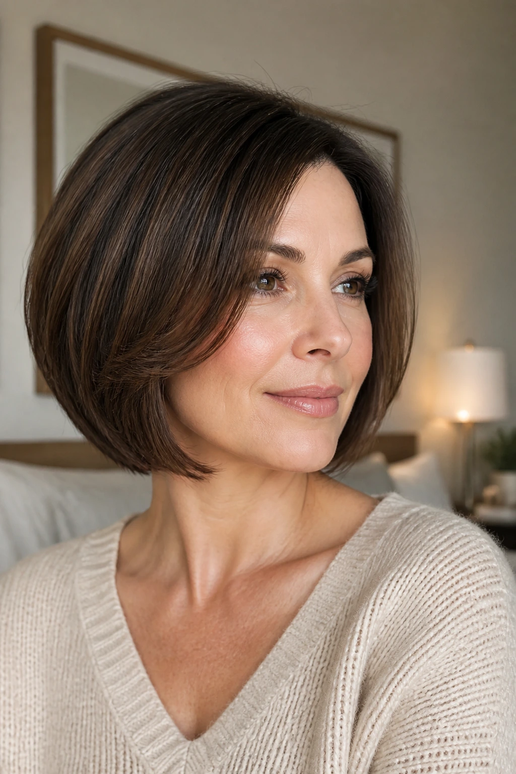 Close-up of a real woman with rounded bob and subtle internal layers in soft bedroom light