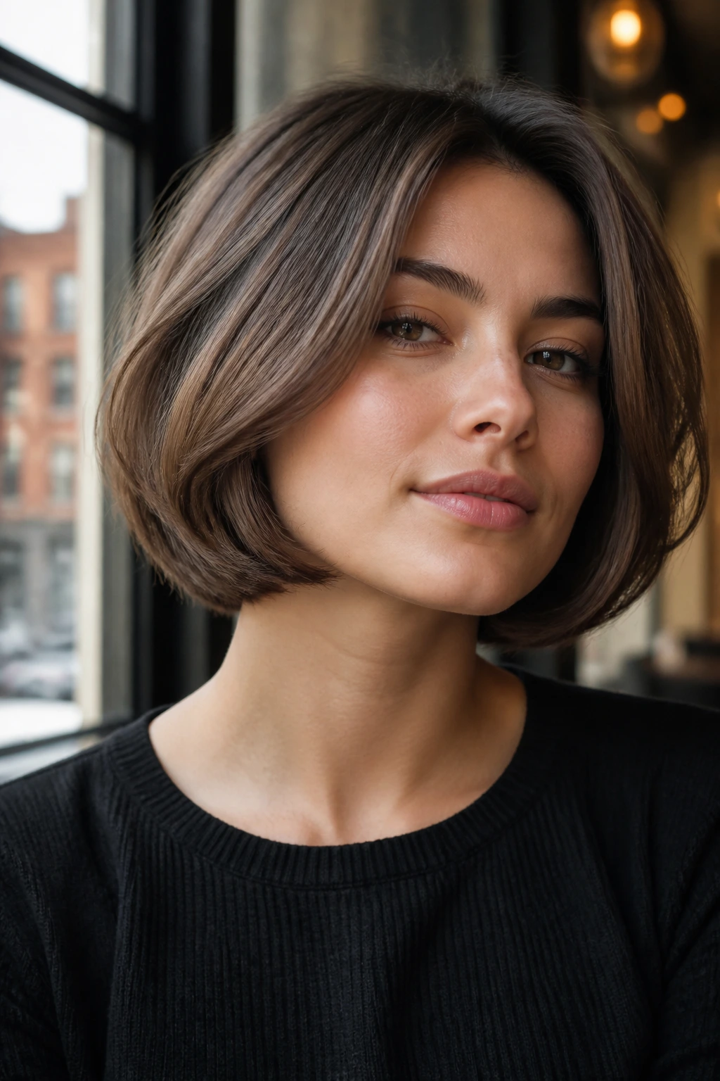 Close-up portrait of a woman with a rounded bob.