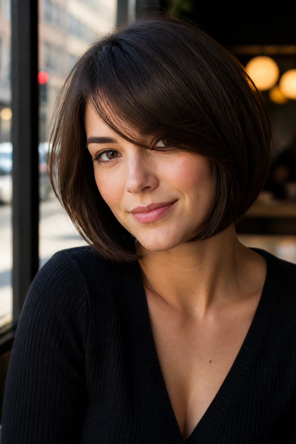 Portrait of a woman with a rounded bob and side-swept bangs in cafe lighting.