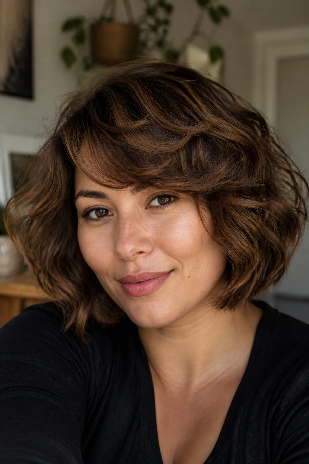 Close-up of a real woman with a rounded bob and side-swept fringe in warm window light