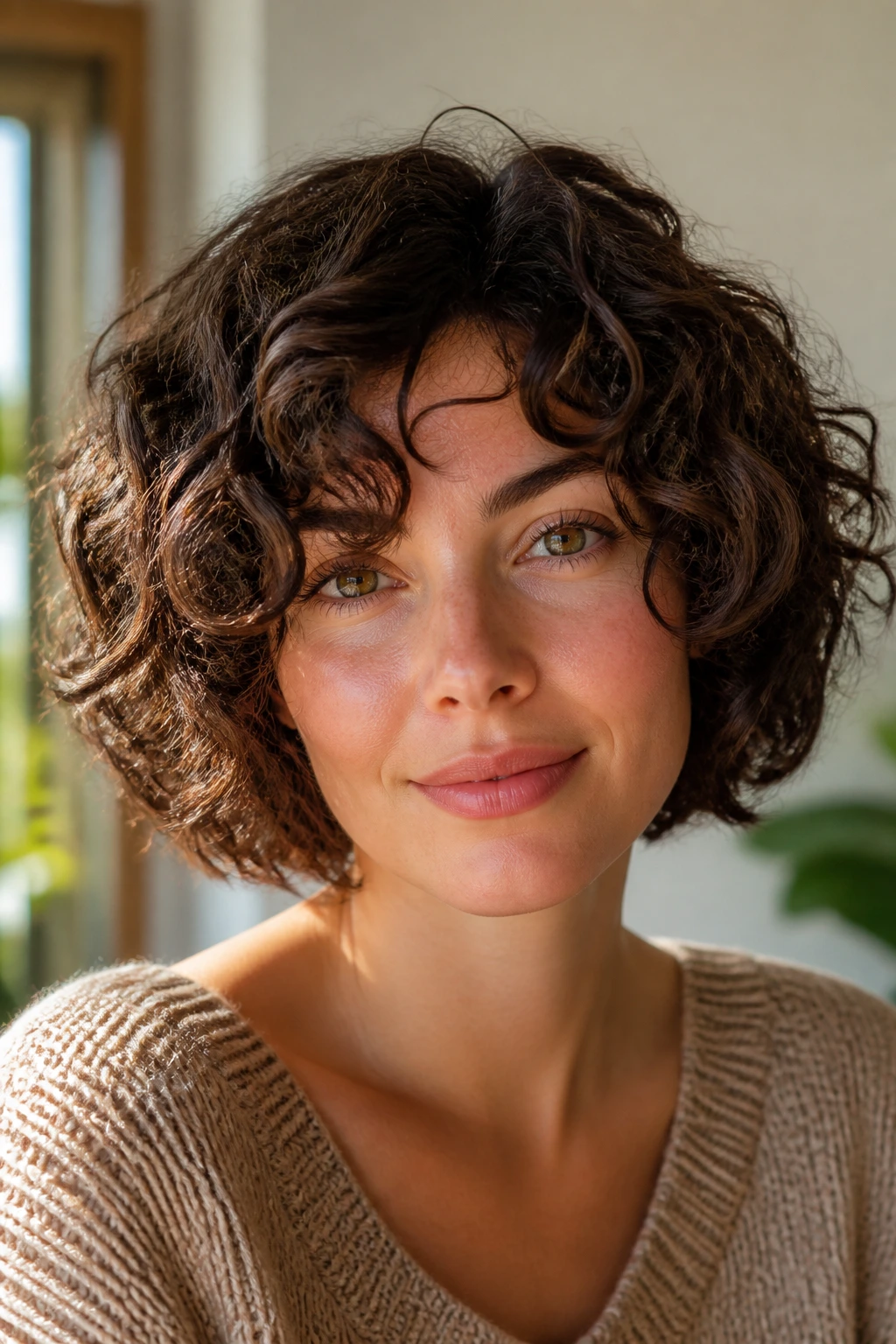 Portrait of woman with rounded bob and soft layers in warm indoor light