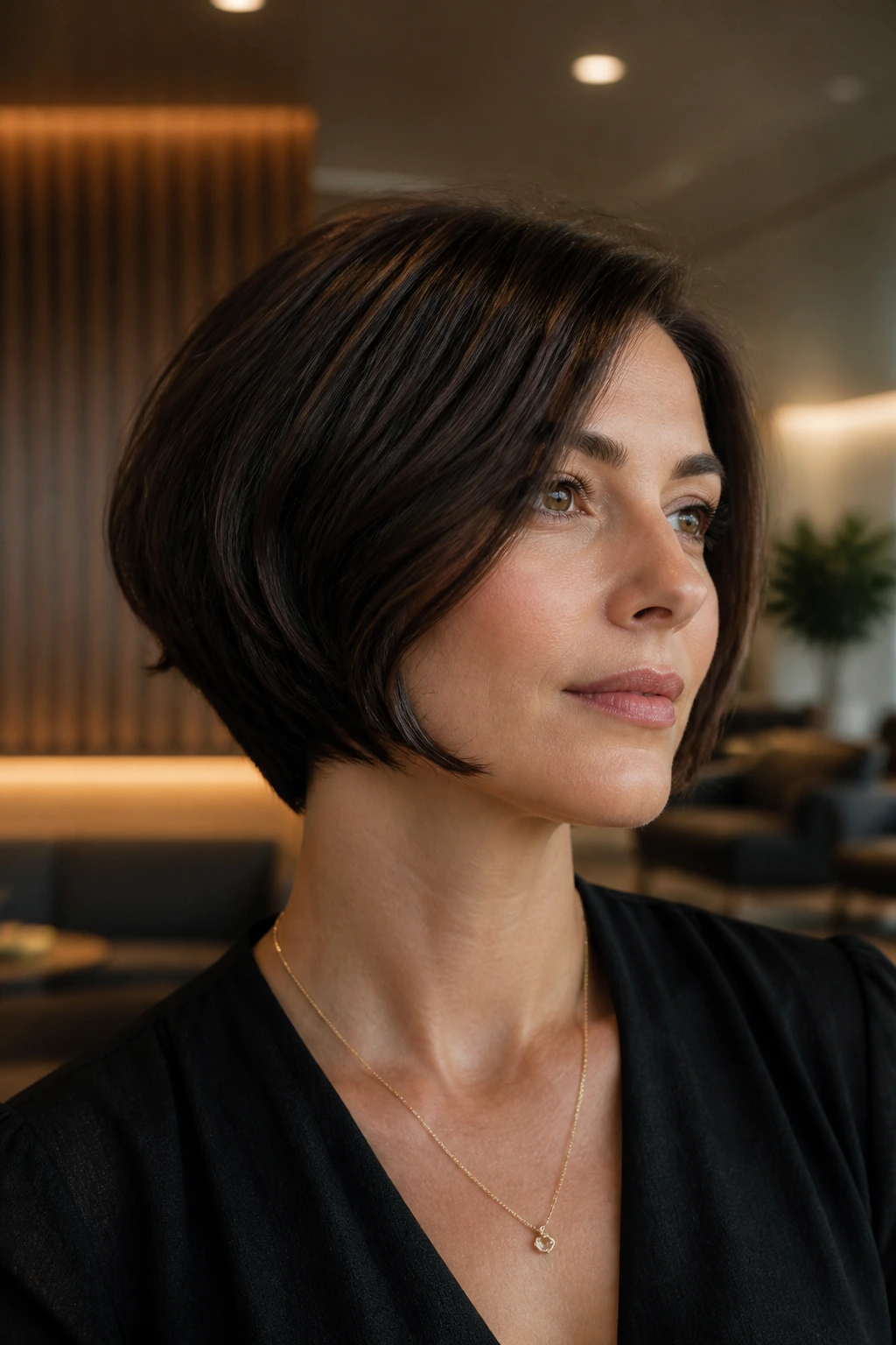 Real woman with rounded bob and tapered back neck under warm office lighting
