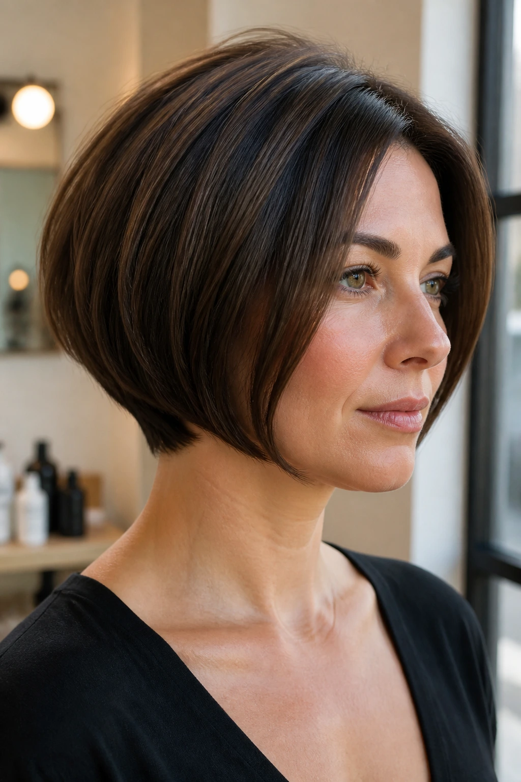 Close-up portrait of a real woman with a rounded bob and tapered nape in warm salon light