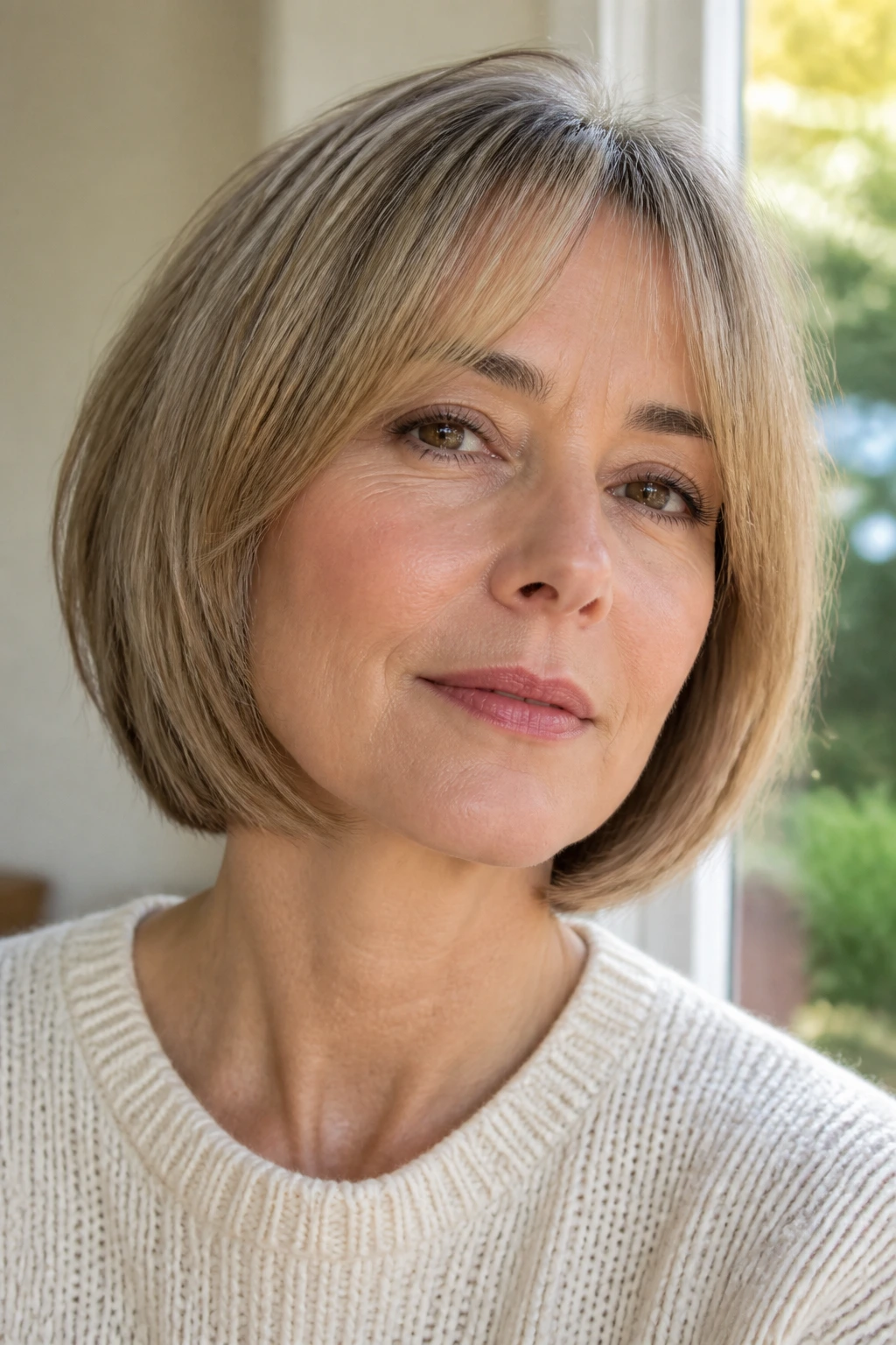 Real woman with rounded bob and wispy bangs in sunlit room