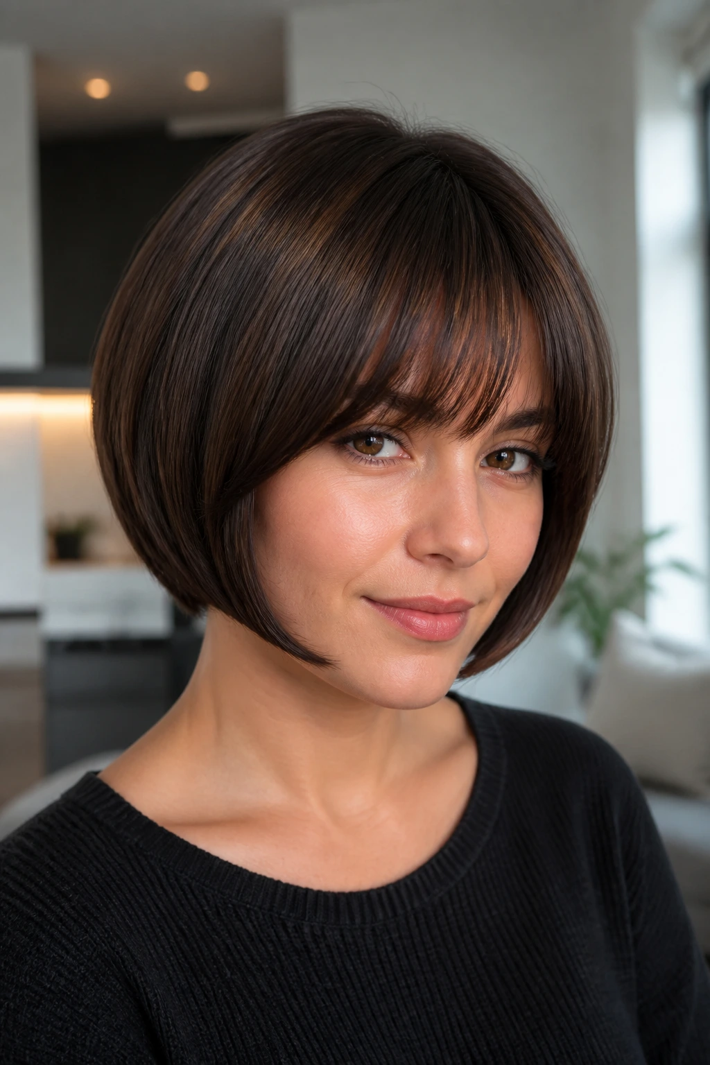 Close-up of a real woman with a rounded bowl bob and glossy brunette hair