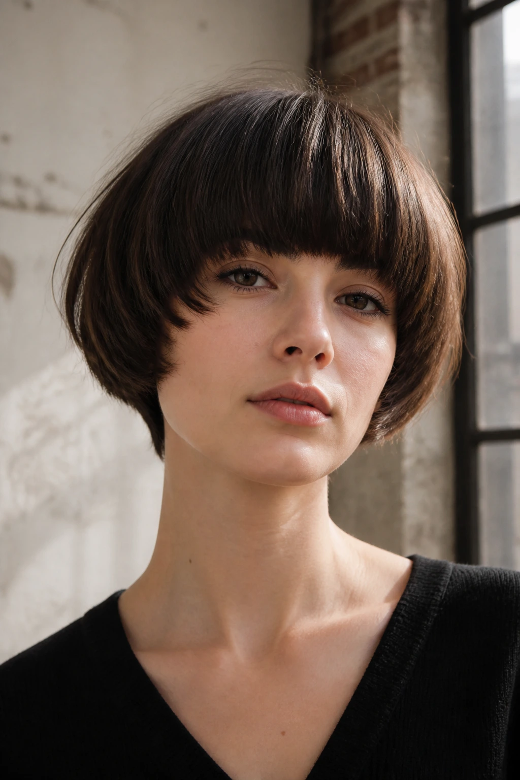 Close-up of a real woman with a rounded bowl bob and thick bangs