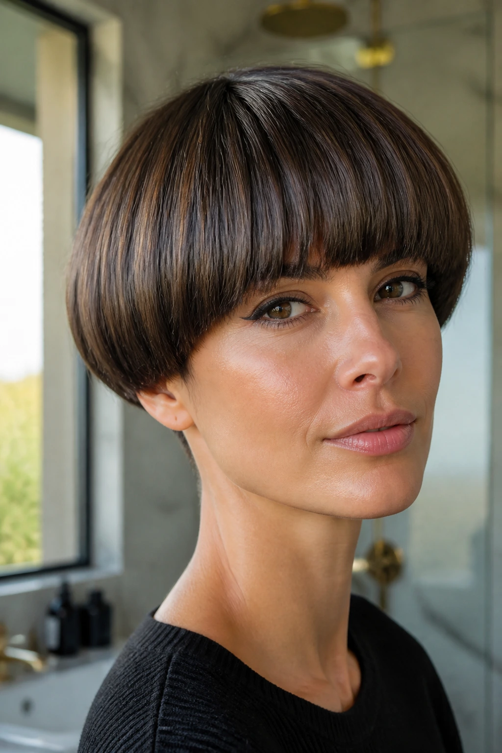 Close-up of a real woman with a rounded bowl cut in a natural light bathroom.