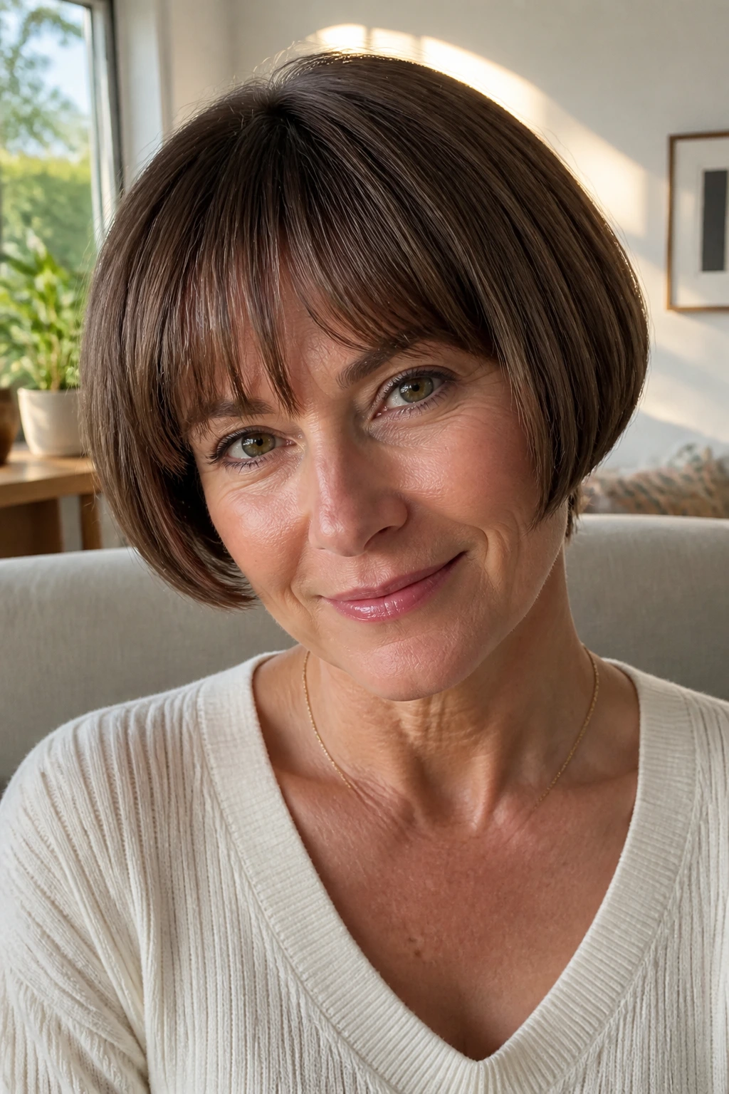 Close-up of a woman with a rounded bowl bob and soft layers