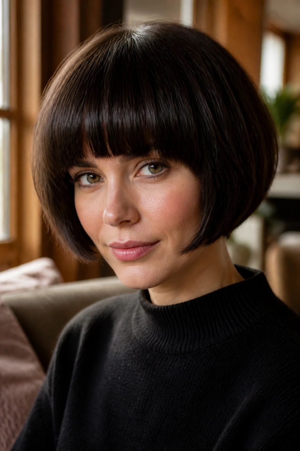 Close-up portrait of a real woman with rounded bowl bob and thick fringe in warm indoor light