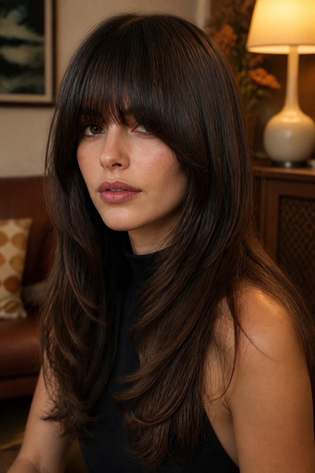 Close-up portrait of a real person with rounded bowl-style fringe and seamless long layers in a warm vintage-inspired room