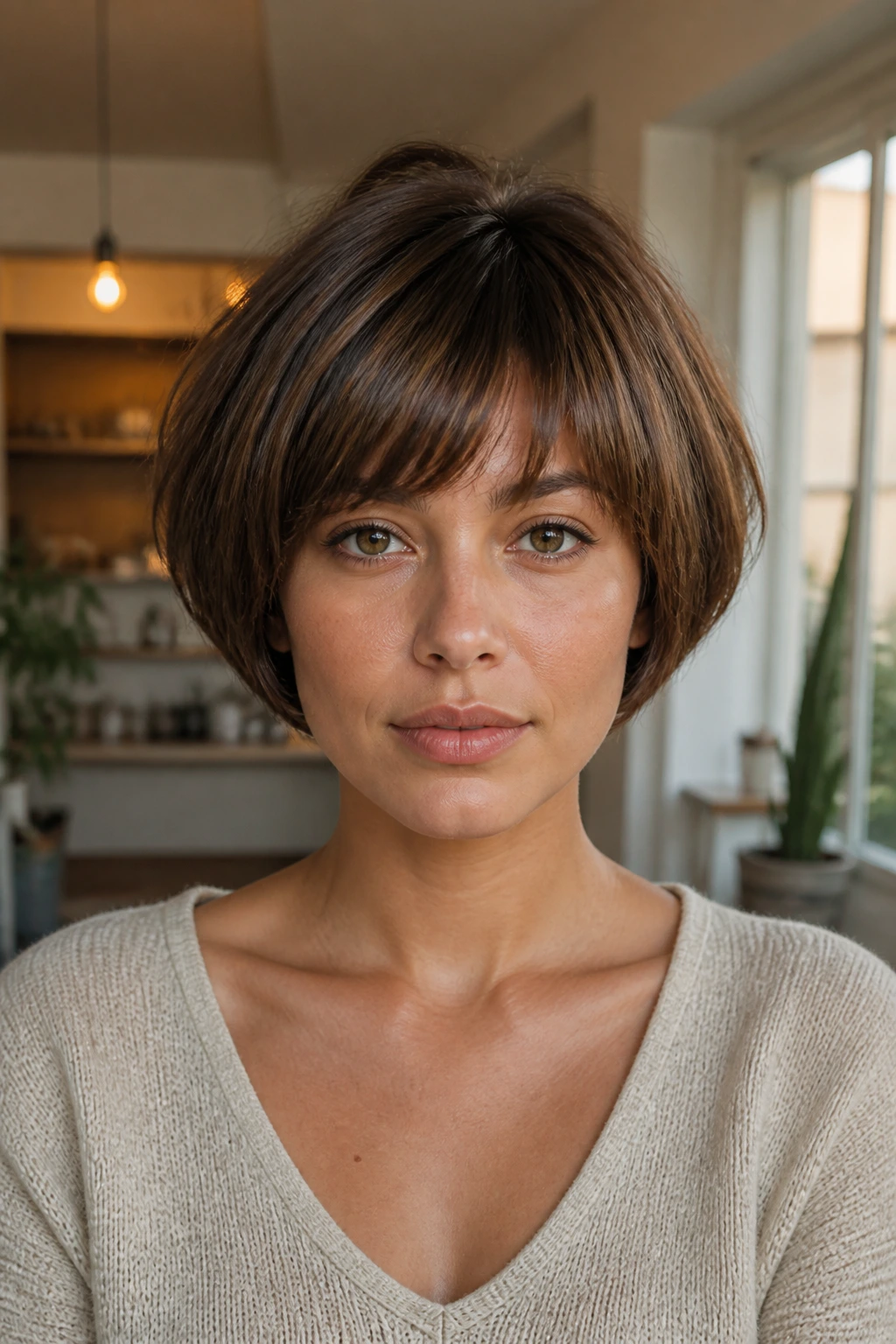 Close-up of a real woman with a rounded bowl stack haircut in warm daylight