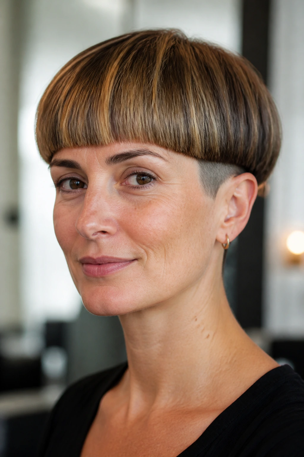 Close-up of a real woman with a rounded bowl undercut for volume.