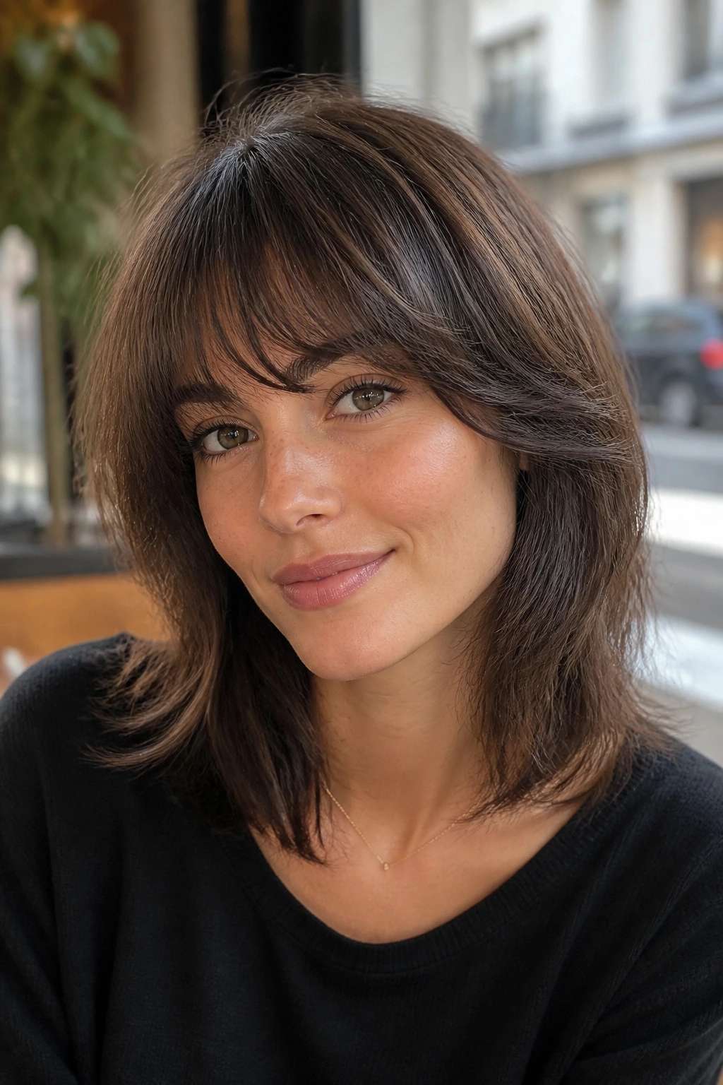 Close-up of a real woman with brow-grazing rounded feathered bangs in cafe light