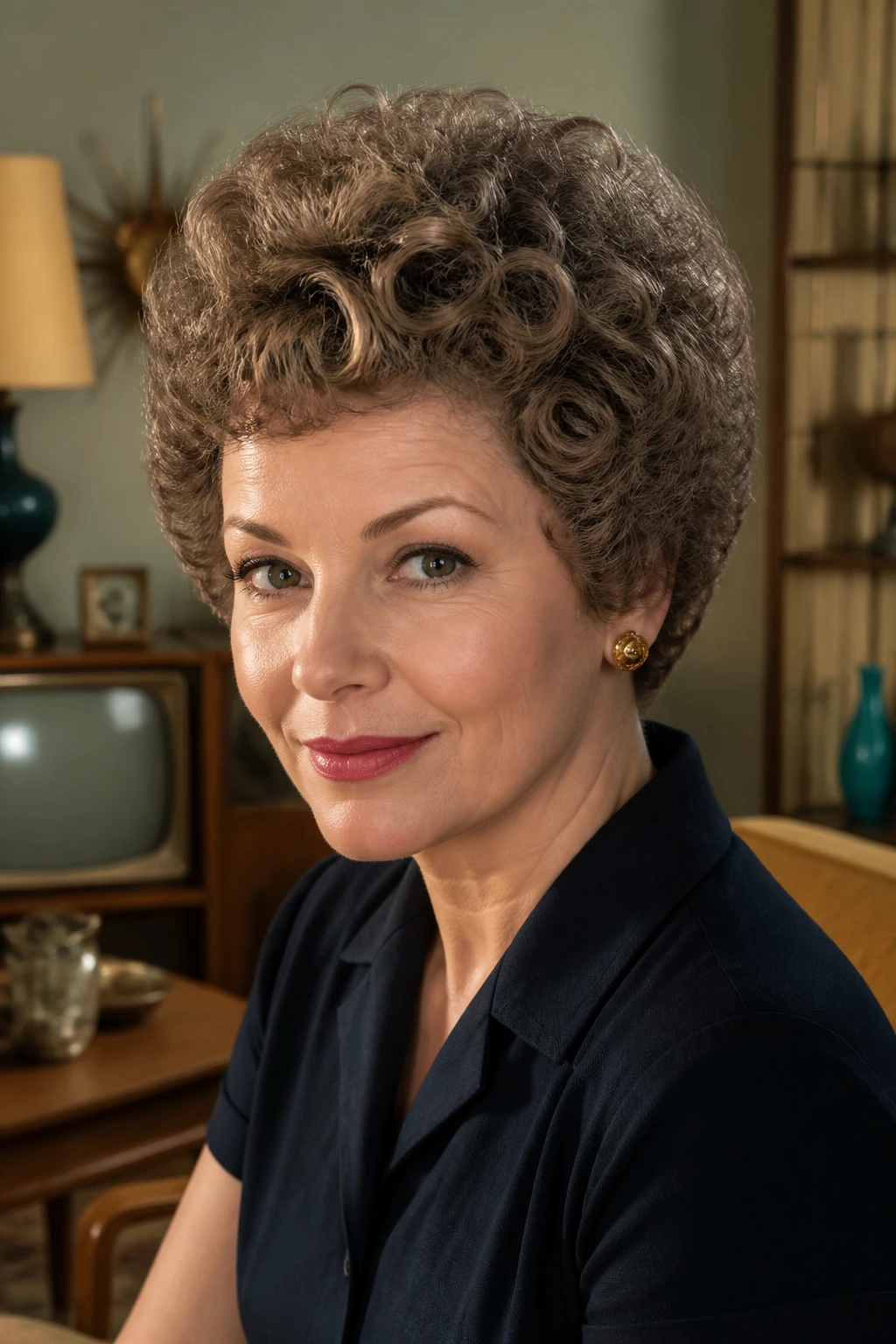Portrait of a real person with a classic rounded crop hairstyle