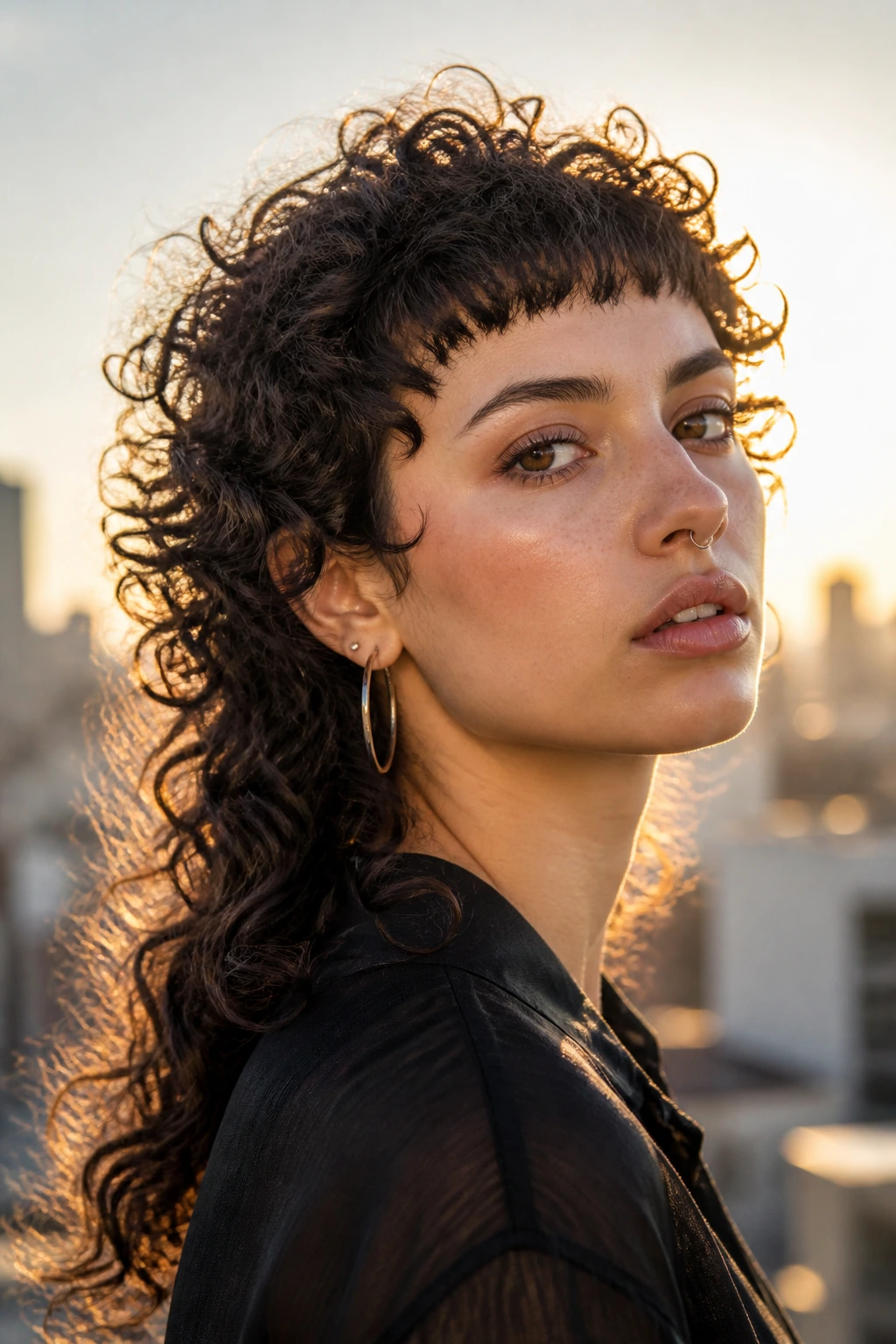 Portrait of a person with rounded curly mullet and baby bangs