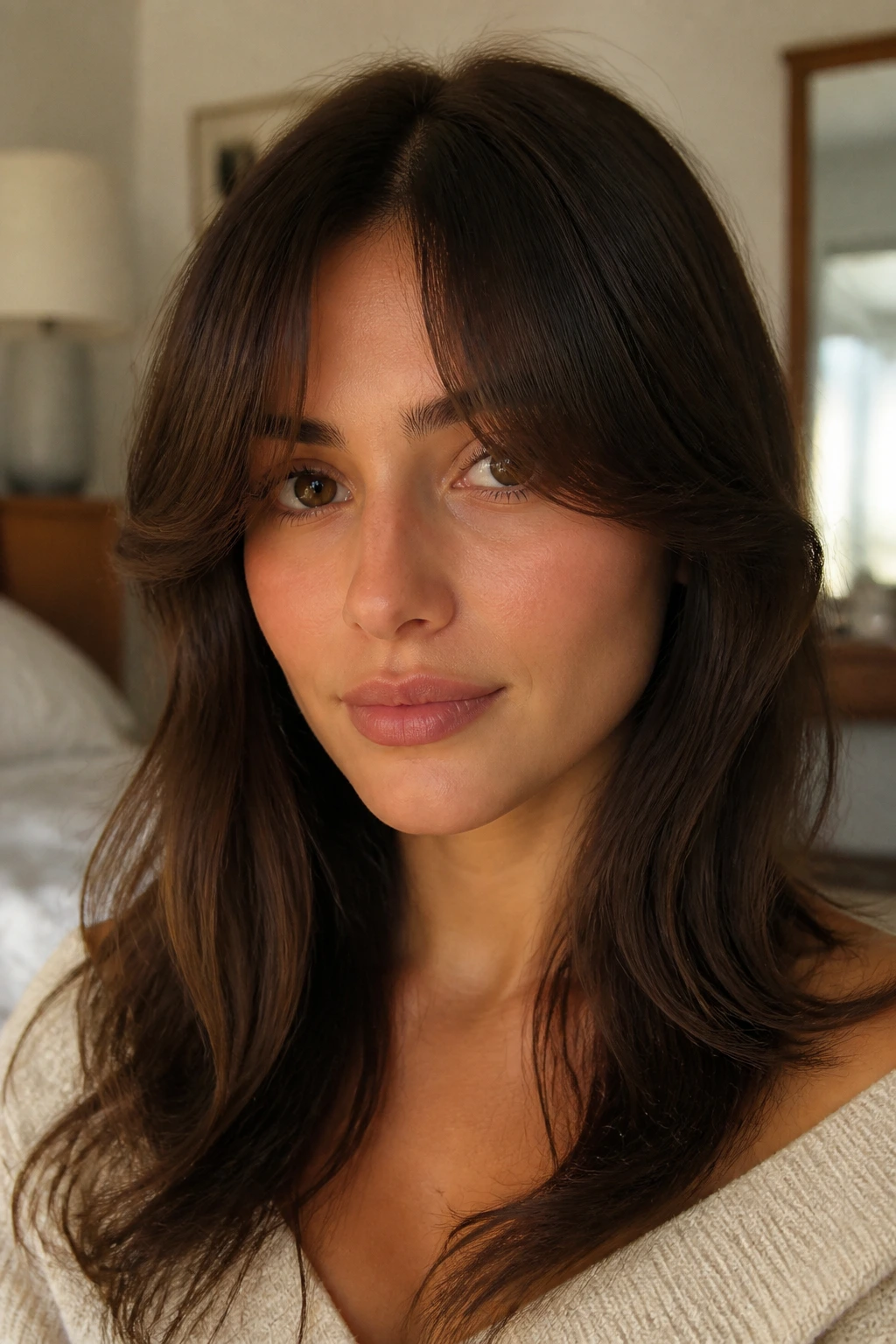 Close-up of a real person with center-split rounded curtain bangs framing cheeks