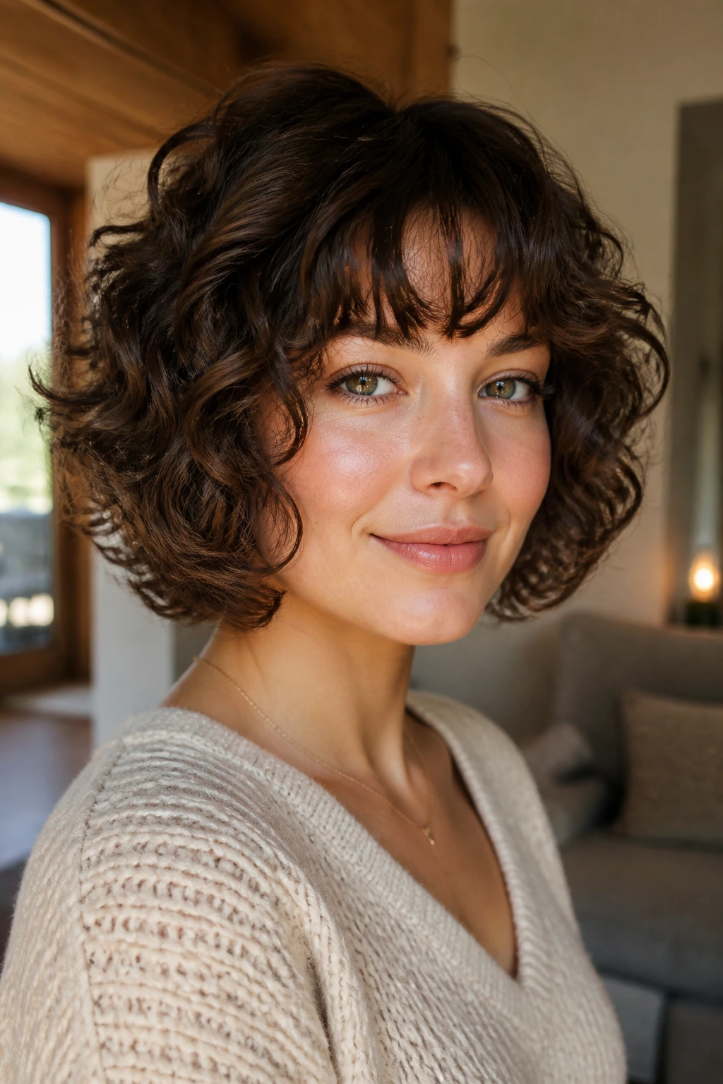 Close-up of a real woman with a rounded face-framing curly bob and soft fringe in natural window light