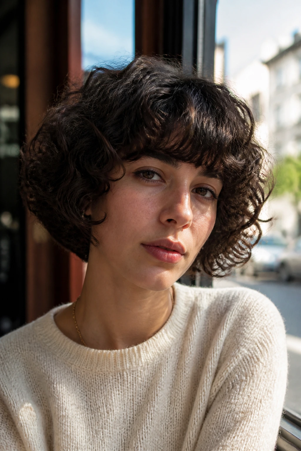 Close-up portrait of a woman with rounded French bob and fringe in sunlit cafe light