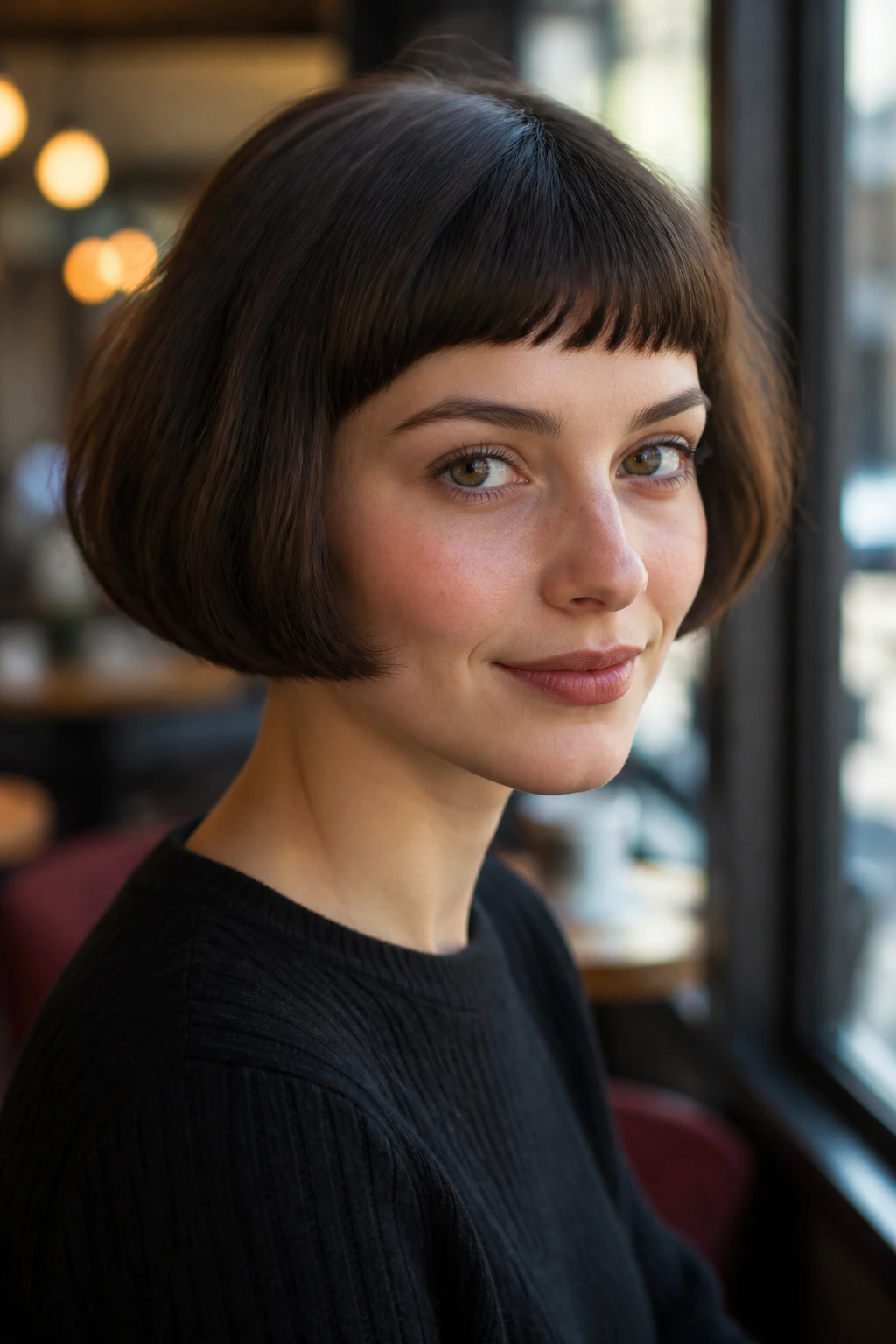 Close-up portrait of a real woman with rounded French bob and micro-fringe.