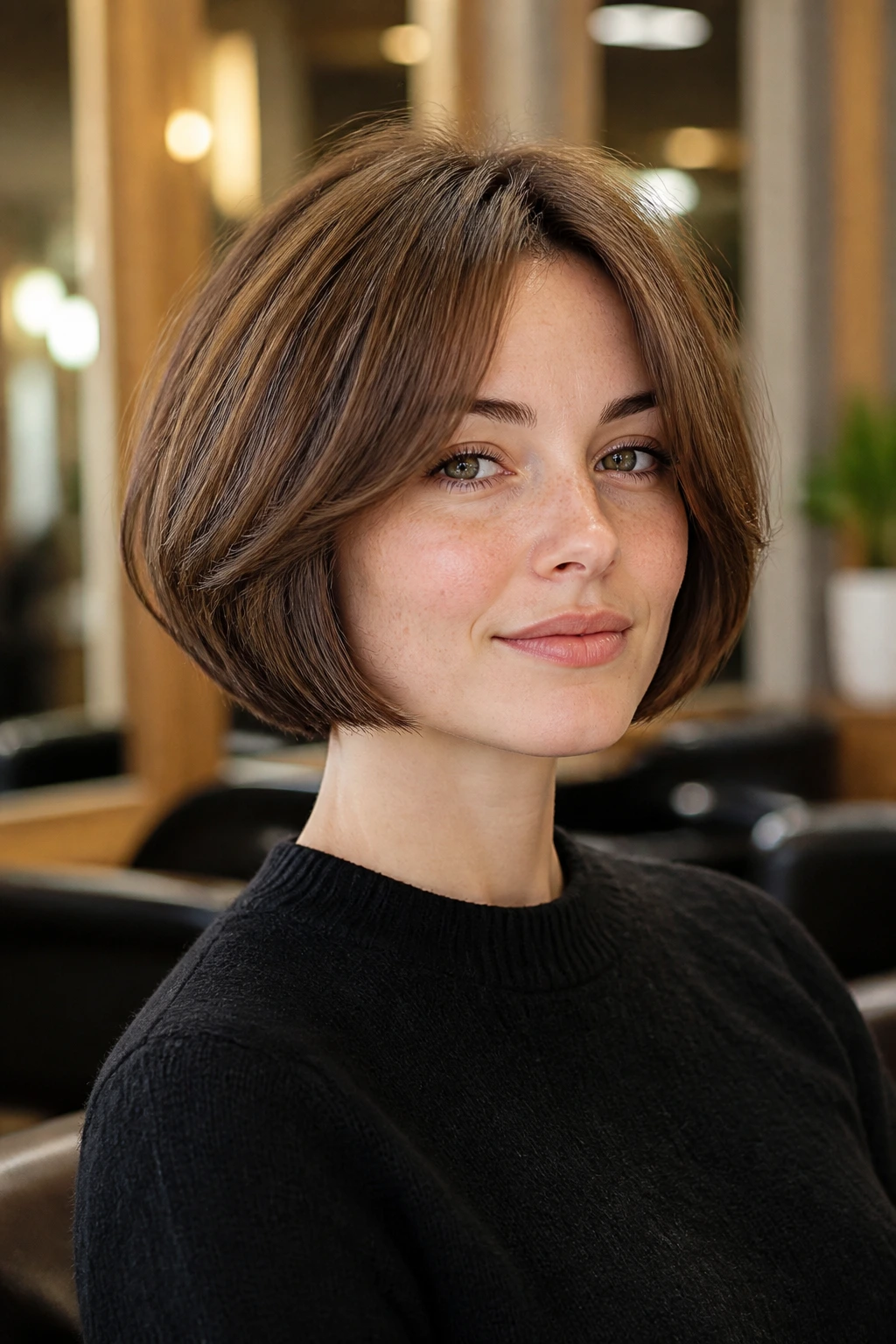 Close-up portrait of a real woman with a rounded chin-length bob in a warm salon.