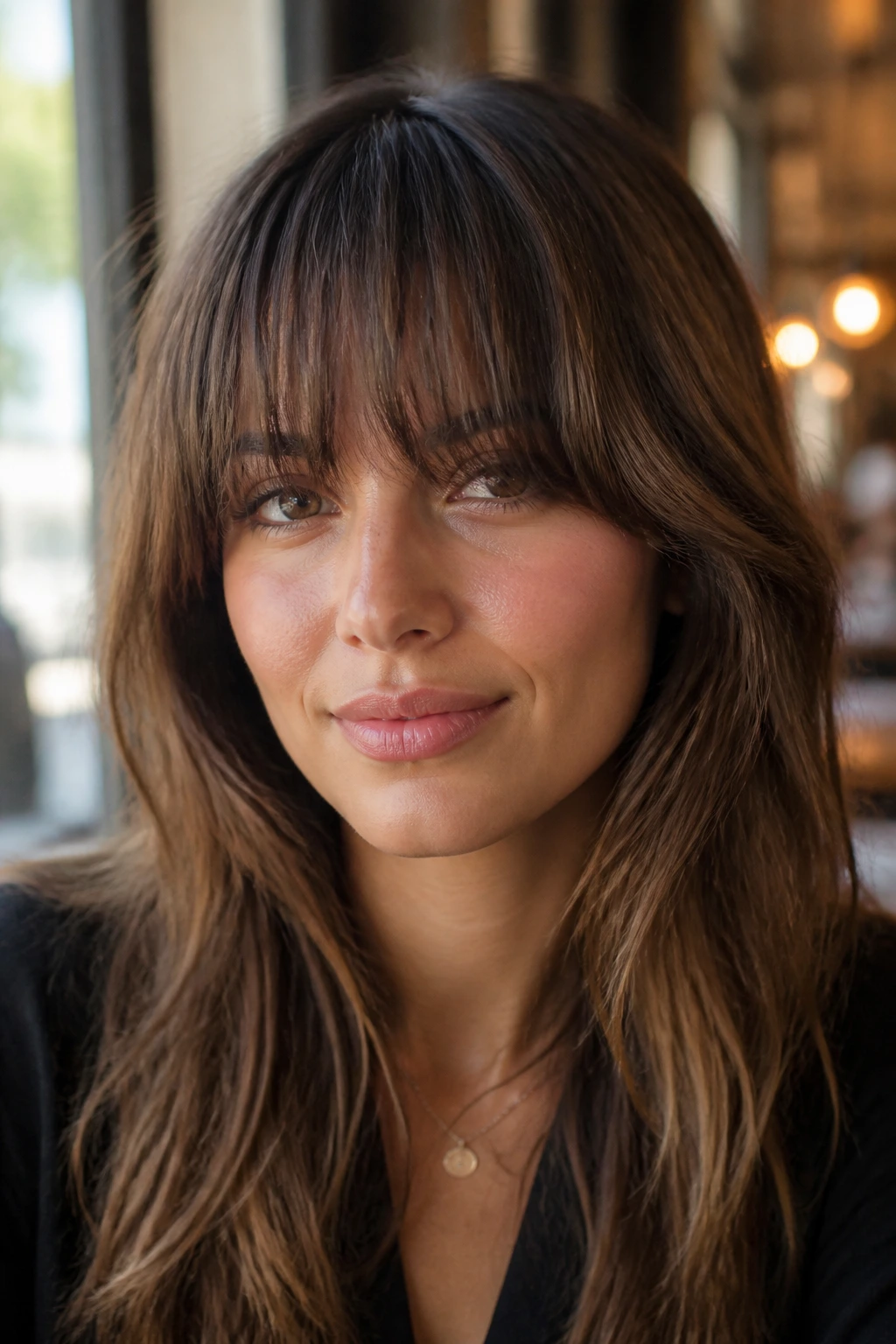 Close-up portrait with rounded eye-grazing fringe over the eyes
