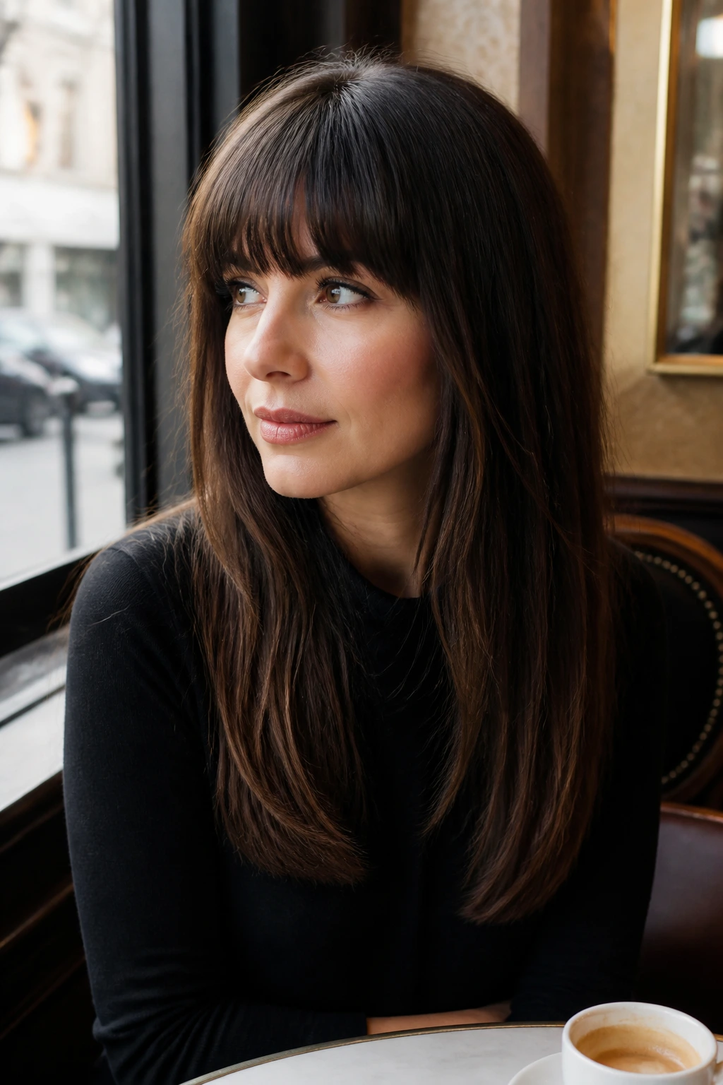 Woman with rounded French girl fringe and long blunt cuts by cafe window