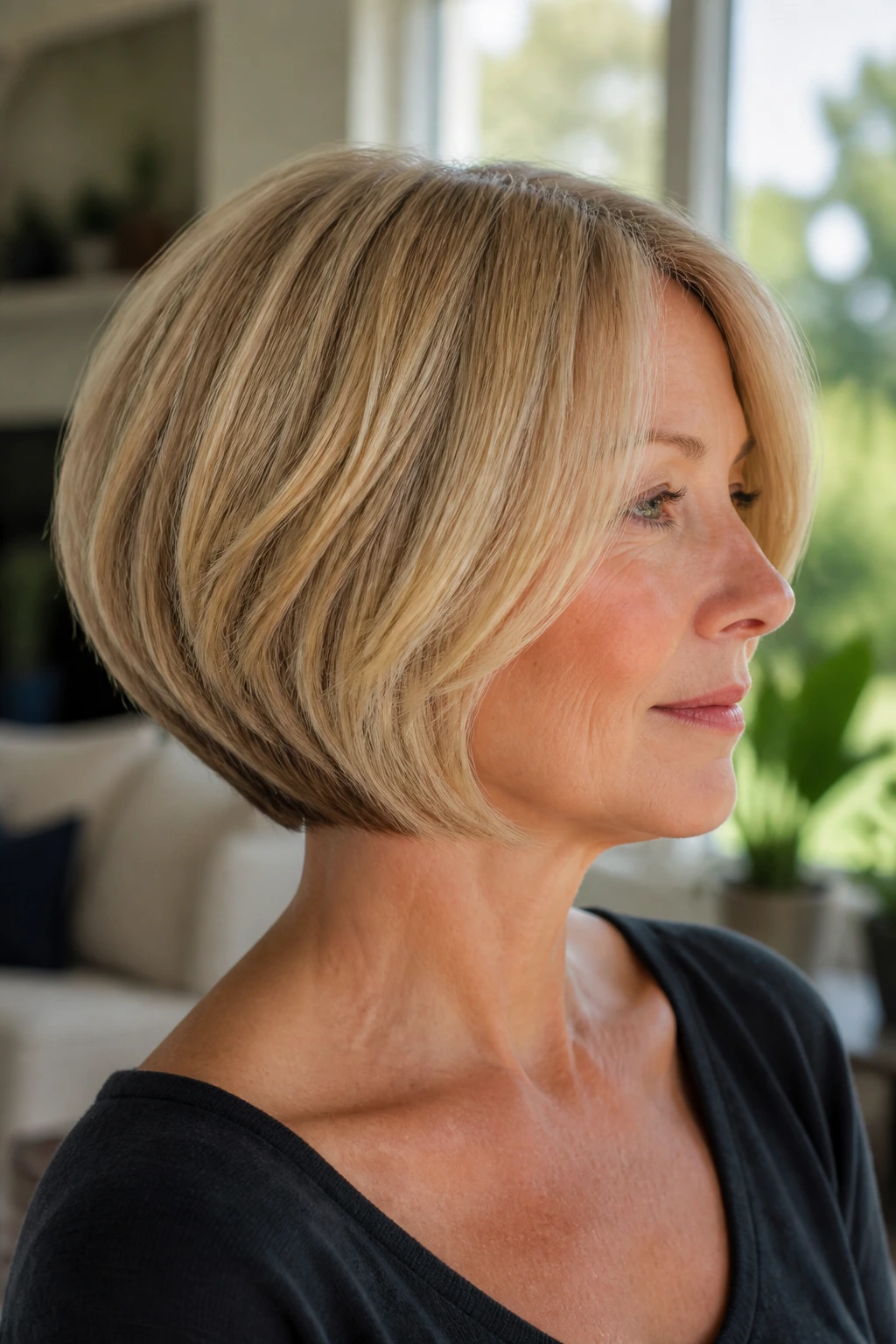 Close-up of a woman with a soft rounded graduated bob