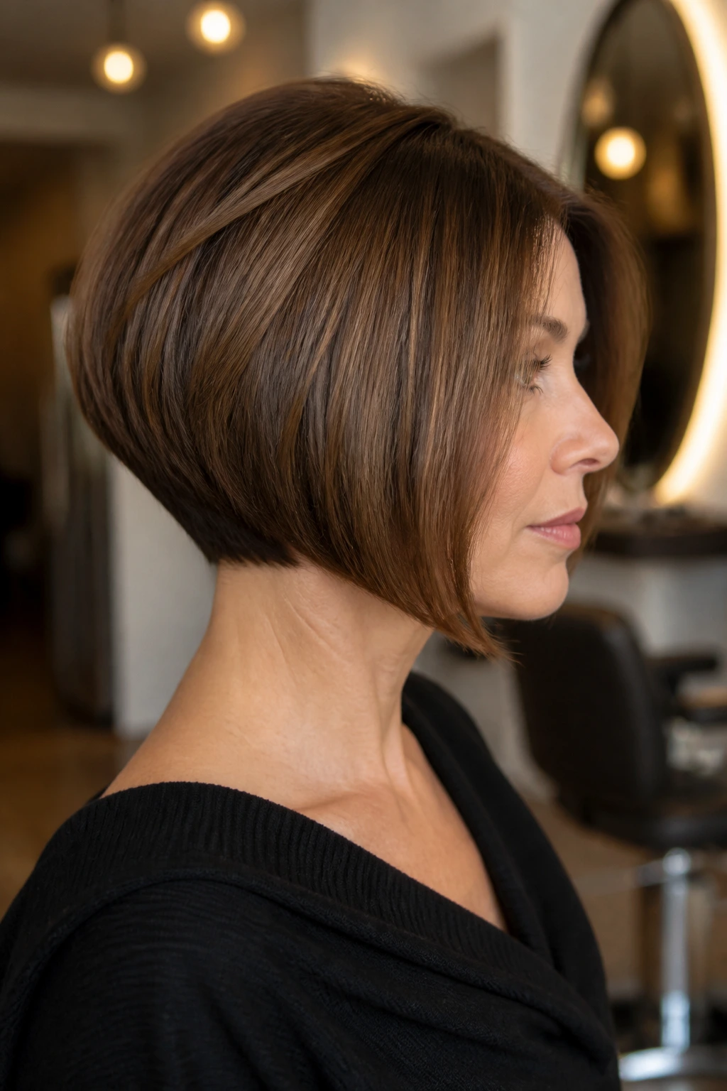 3/4 profile of real woman with rounded graduation bob showing stacked back
